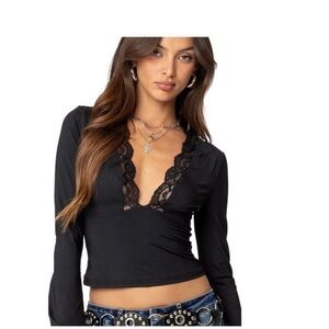Edikted Tina Lacey Plunge Neck Top, size Large NWT